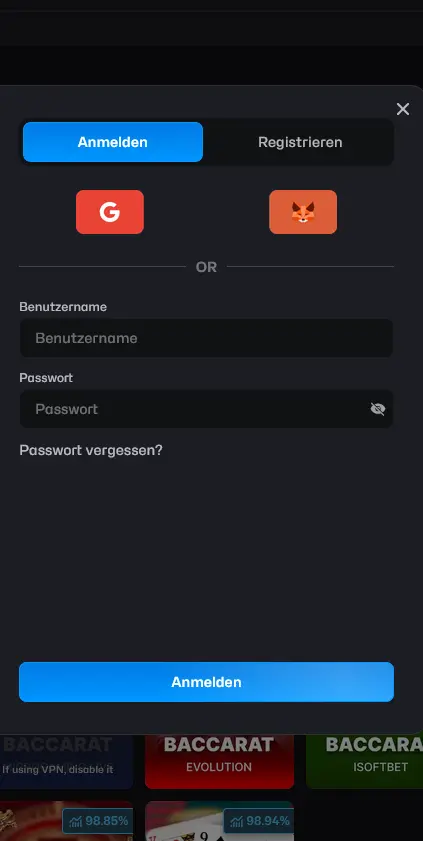 Razed Casino Login – Anmeldeseite mit E-Mail und MetaMask-Zugang
